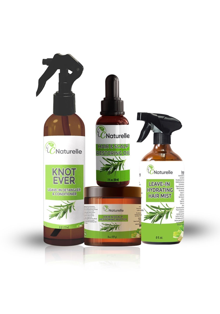 RESTORING HAIR BUTTER, RESTORING OIL, HYDRATING HAIR MIST & KNOT EVER DETANGLER BUNDLE